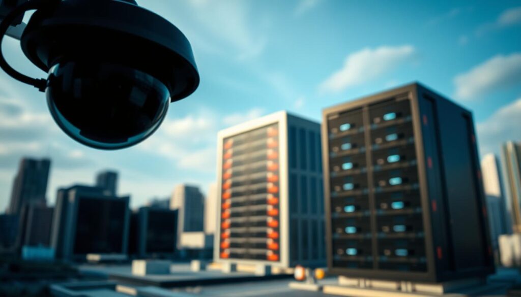A high-quality, realistic photograph depicting the evolution of AI technologies and their impact on privacy concerns. In the foreground, a close-up of a surveillance camera or facial recognition device, casting an ominous shadow. In the middle ground, a large, futuristic-looking data server or cloud infrastructure, symbolizing the vast data collection and processing capabilities of modern AI systems. In the background, a blurred cityscape, hinting at the ubiquity of these technologies in our daily lives. The lighting should be dramatic, with shadows and highlights emphasizing the contrast between the technology and its implications for personal privacy. The overall mood should be one of unease and a sense of the encroachment of AI on individual privacy.