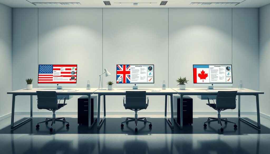 A sleek, modern office setting with three desks representing the US, UK, and Canada. Each desk displays relevant privacy regulation symbols, icons, and documents. Soft, diffused lighting illuminates the scene, creating a professional and informative atmosphere. The desks are arranged in a visually pleasing, symmetrical layout, with subtle shadows and highlights to add depth and dimension. The overall composition conveys a sense of comparison and analysis between the three countries' privacy regulations.