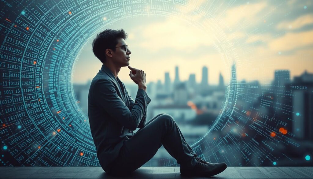A thoughtful figure sits in contemplation, surrounded by a swirling vortex of binary code and data streams. Soft, diffused lighting casts a serene glow, hinting at the complex interplay between technology and ethics. The backdrop features a blurred cityscape, signifying the integration of AI into our modern world. The subject's expression conveys a sense of responsibility and purpose, reflecting the principles of ethical artificial intelligence. The composition emphasizes balance, harmony, and the need to navigate the challenges of data privacy and bias in a manner that upholds human values.